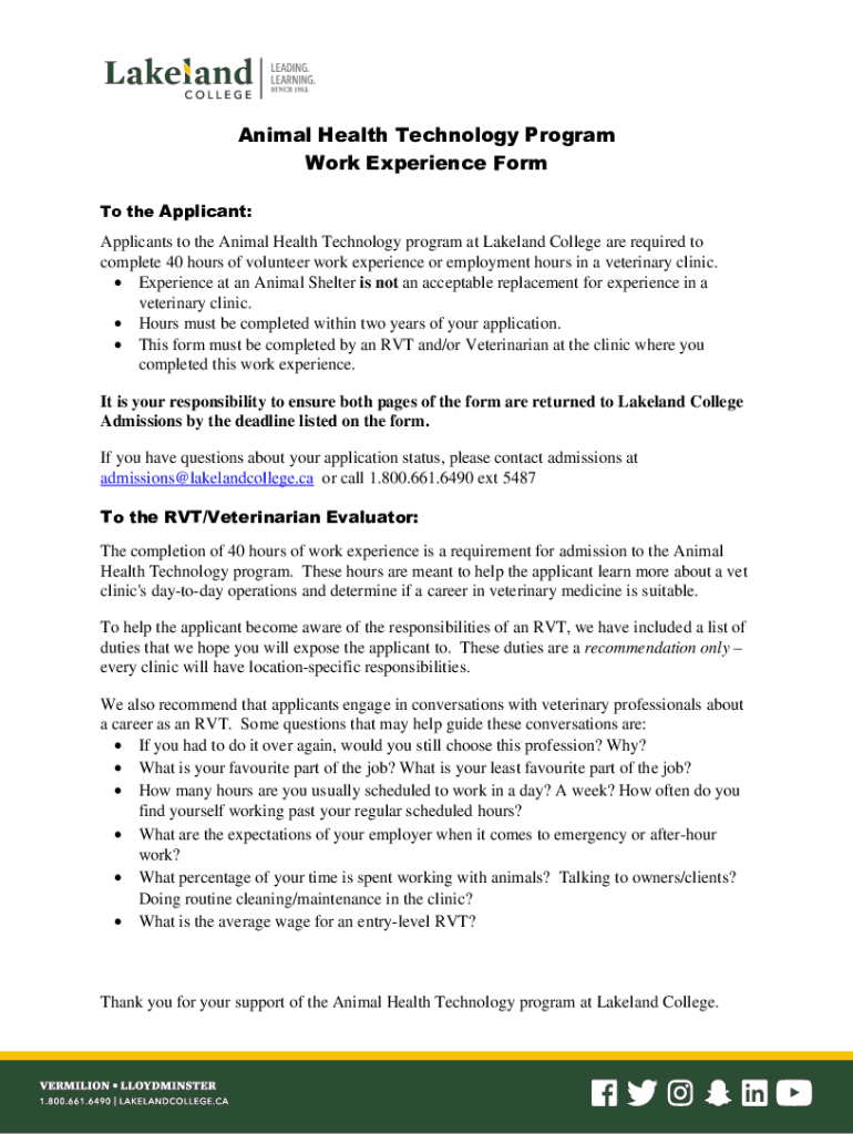 Fillable Online Animal Health Technology Program Work Experience Form