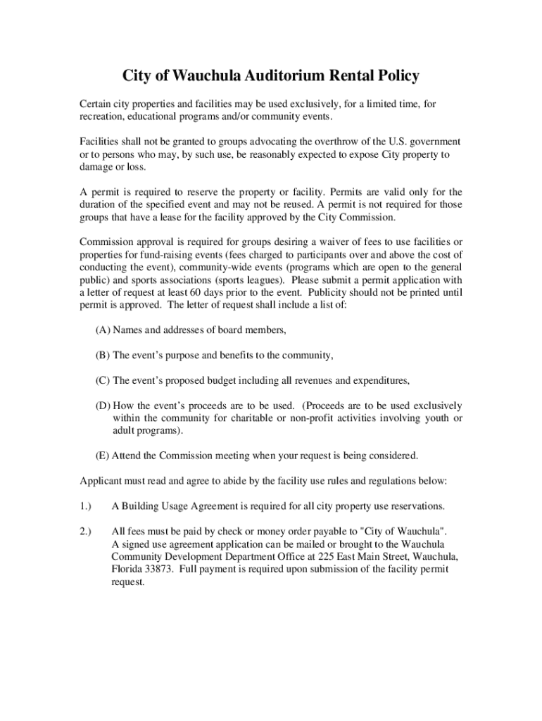 Fillable Online City of Wauchula Auditorium Rental Policy Fax Email