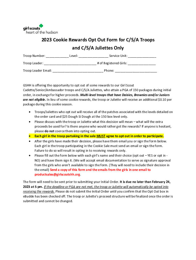 Fillable Online 2023 Cookie Rewards Opt Out Form for C/S/A Troops and