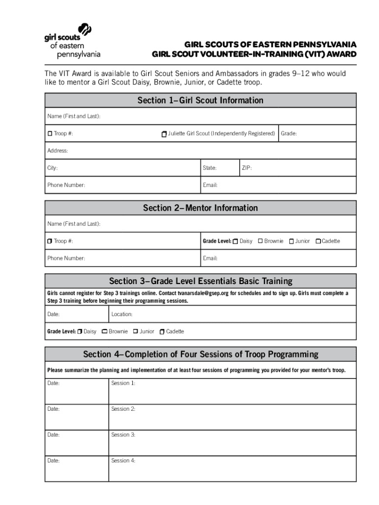 Fillable Online Volunteer In Training Form. The VIT Award is available ...