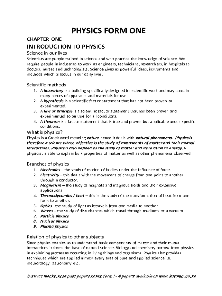 Fillable Online PHYSICS FORM ONE Fax Email Print - pdfFiller