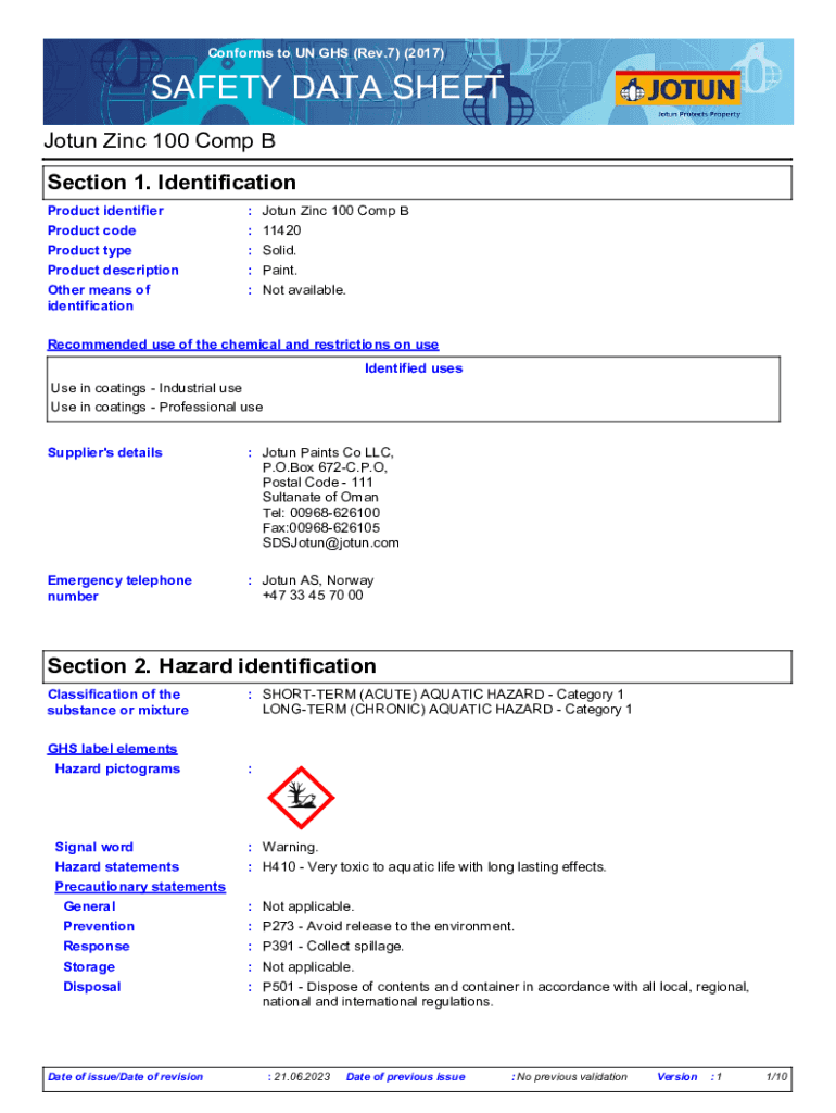 Fillable Online SAFETY DATA SHEET Jotun Zinc 100 Comp B Fax Email Print pdfFiller