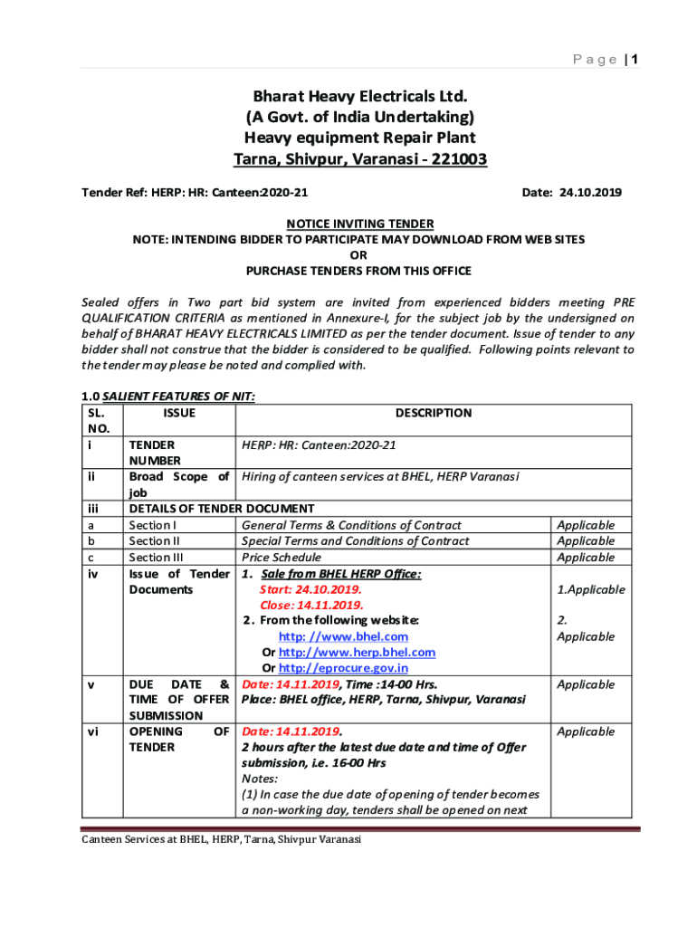 Fillable Online Hiring of canteen services at BHEL, HERP Varanasi Fax