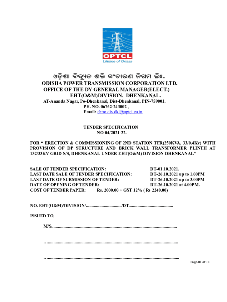 Fillable Online ODISHA POWER TRANSMISSION CORPORATION LTD. Fax
