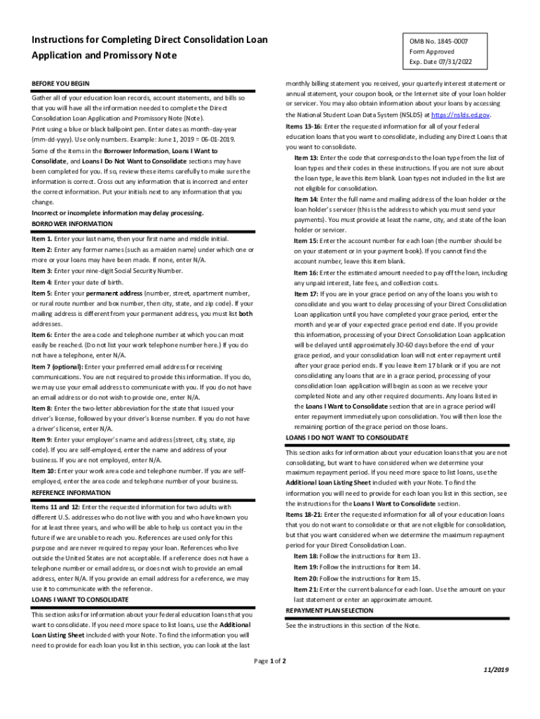 Fillable Online Instructions for Completing Direct Consolidation Loan
