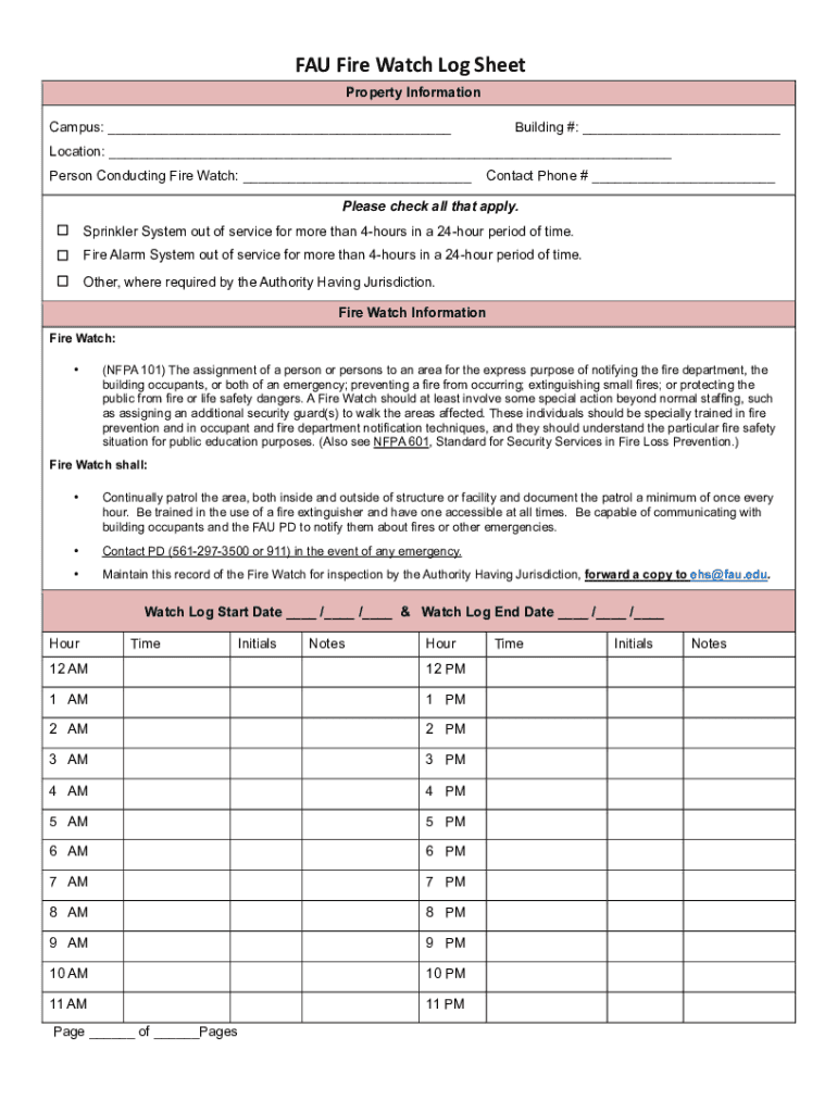 Fillable Online FAU Fire Watch Log Sheet.docx Fax Email Print pdfFiller