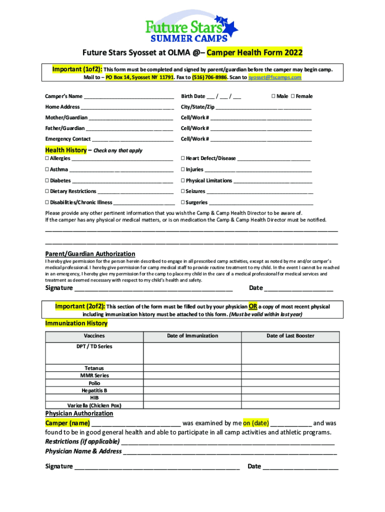 Fillable Online Syosset at OLMA Camper Forms Fax Email Print pdfFiller