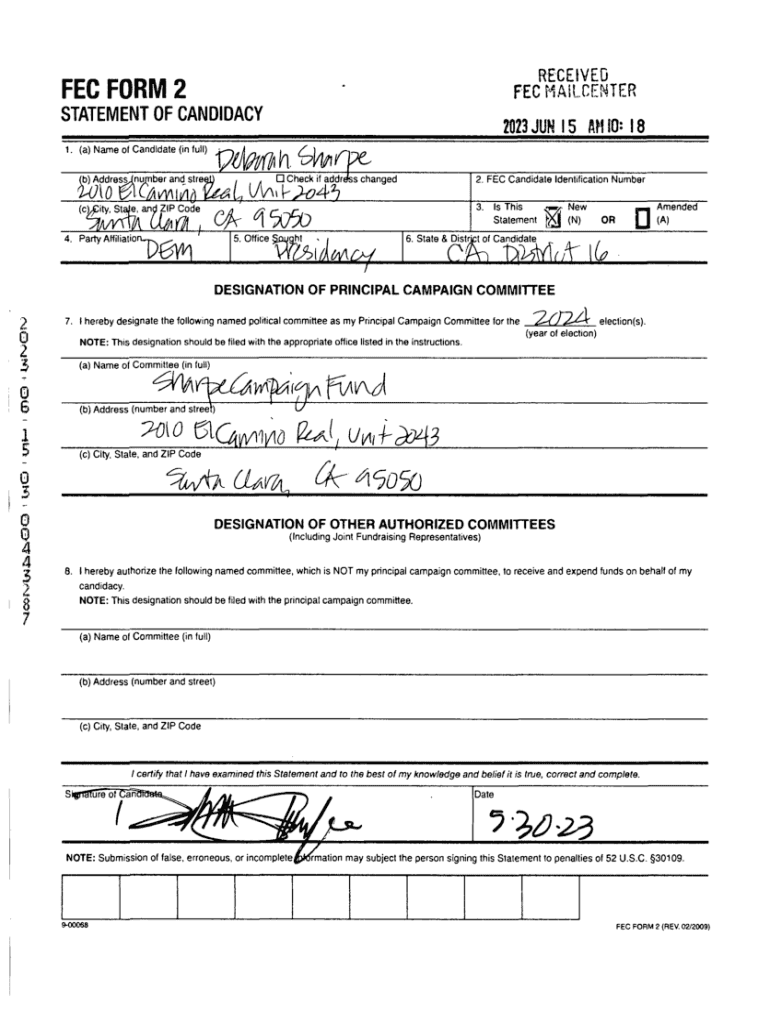 Fillable Online FEC Form 2 for Report FEC1273723 Federal Election