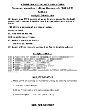 SUMMER VACATION HOLIDAY HOMEWORK CLASS VI - Doc Template | pdfFiller