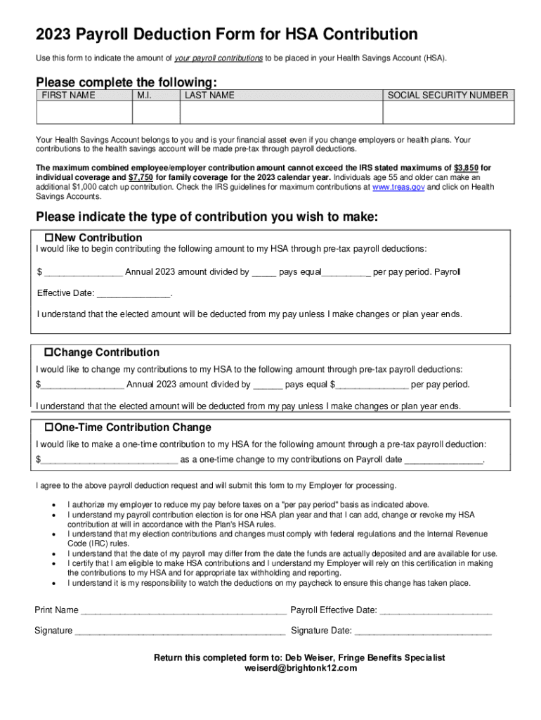 Fillable Online 2023 Payroll Deduction Form for HSA Contribution Fax