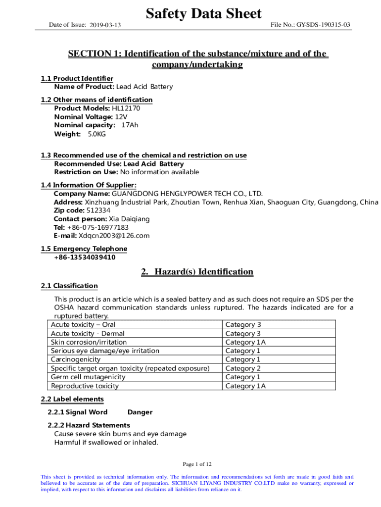 Fillable Online Safety Data Sheet Lead Acid Battery Wet, Filled with