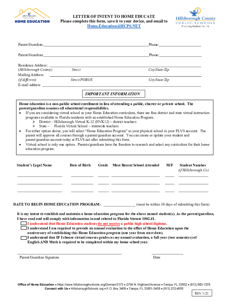 free letter of intent to homeschool Preview on Page 1