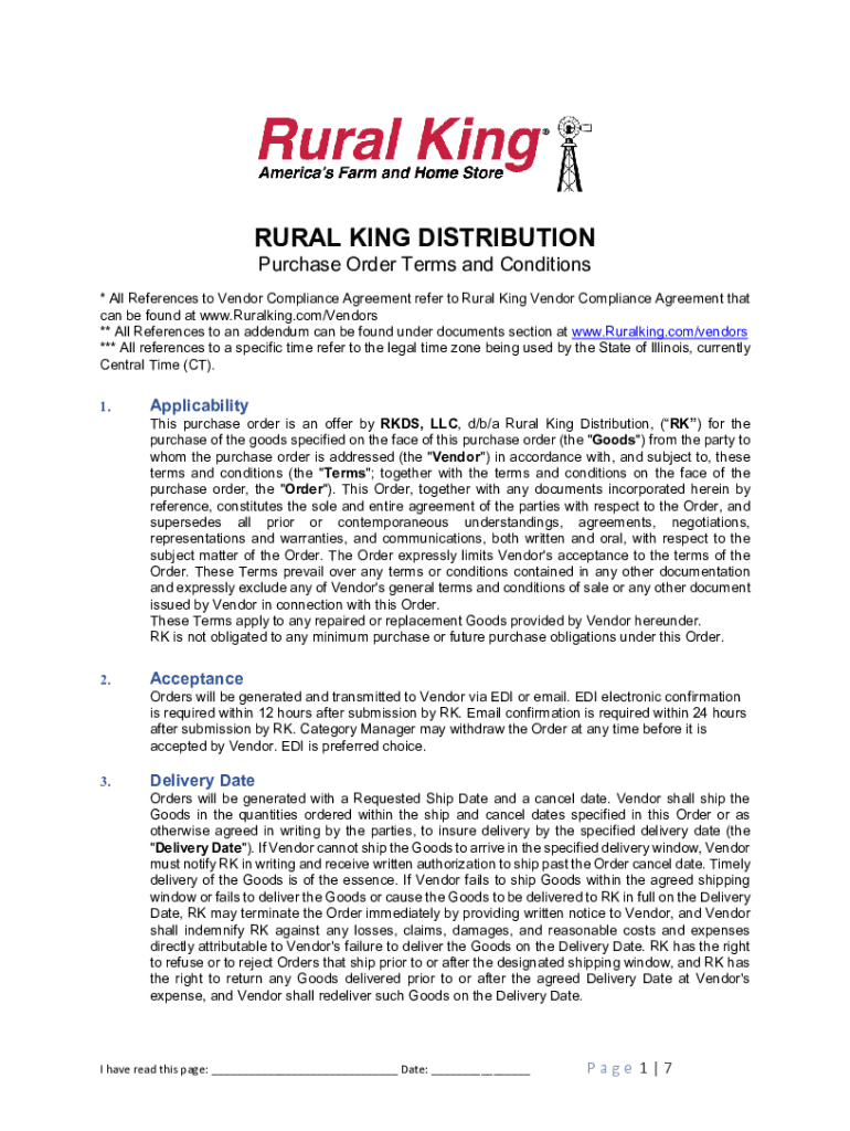 Fillable Online RURAL KING DISTRIBUTION Purchase Order Terms and