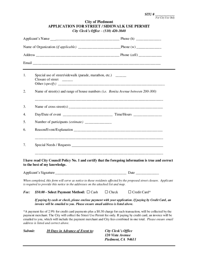 Fillable Online City of Piedmont Application for Street/Sidewalk Use
