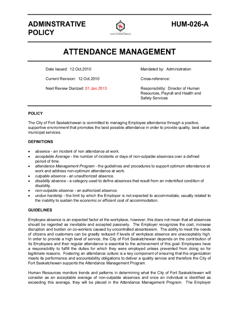 Fillable Online Attendance Management Policy.pdf Fax Email Print