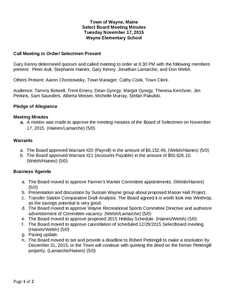 Town Clerk Town of Wayne, Maine Doc Template pdfFiller