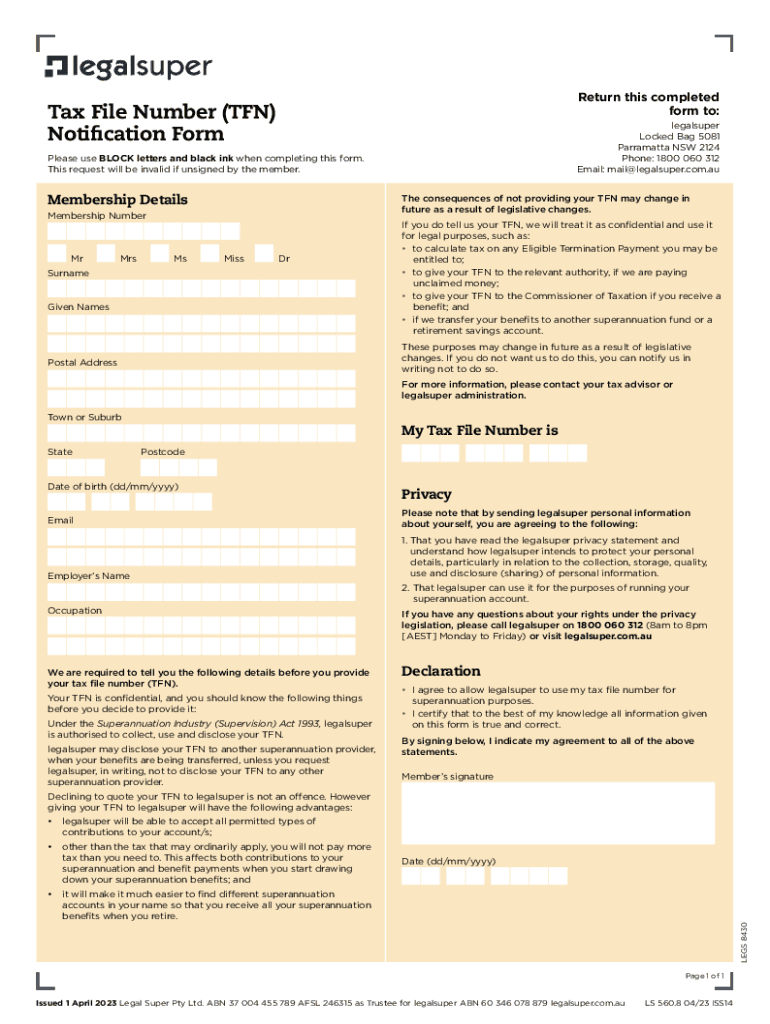 Fillable Online Tax File Number (TFN) Notification Form Fax Email Print