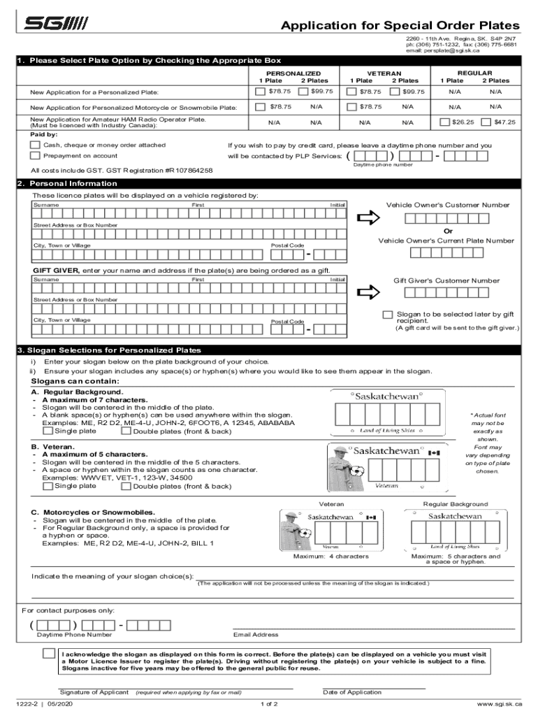 Sgi Personalized Plate Order Form - Fill Online, Printable Preview on Page 1