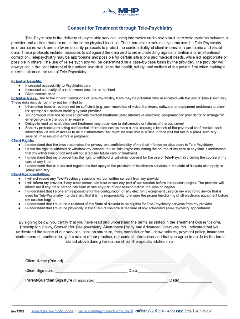 TELEPSYCHIATRY PATIENT CONSENT FORM Preview on Page 1