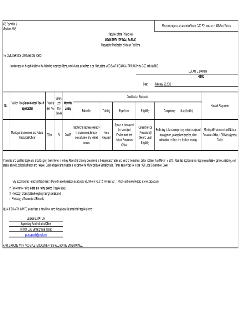 Fillable Online CS Form No. 9 Revised 2018 I Electronic Fax Email