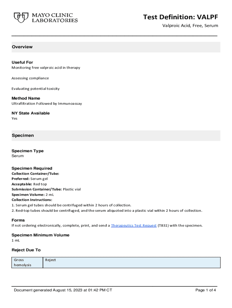 Fillable Online Valproic Acid, Free and TotalARUP Laboratories Test