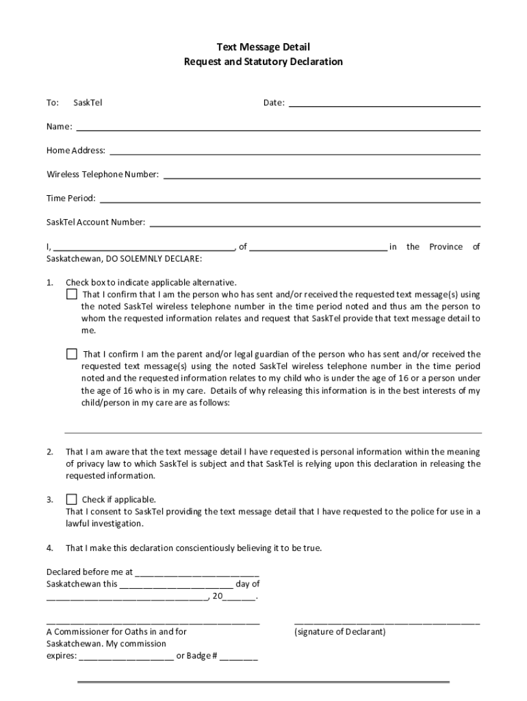 Fillable Online Text Message Detail Request and Statutory Declaration