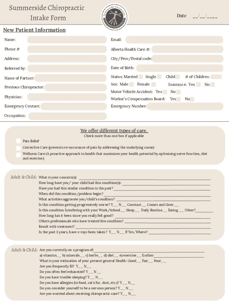 Fillable Online Summerside Chiropractic Intake Form Fax Email Print