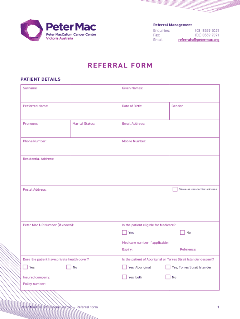 peter maccallum referral form Preview on Page 1