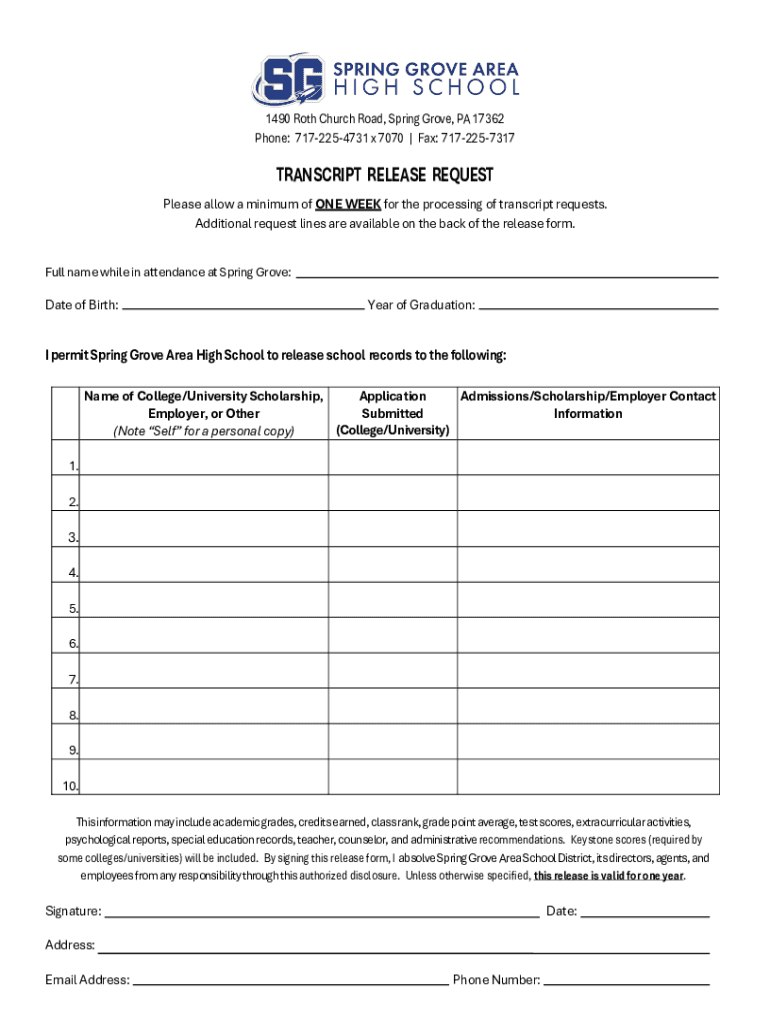 Fillable Online SGAHS Transcript Release Request Form Fax Email Print ...