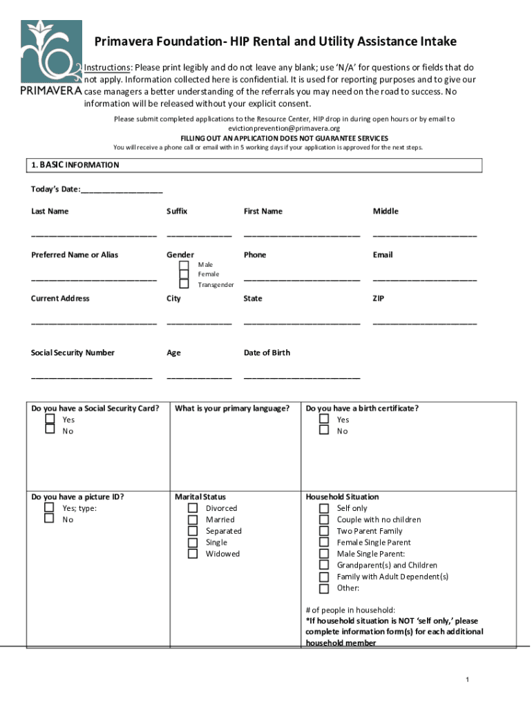 Fillable Online HIP Rental and Utility Assistance Intake Primavera