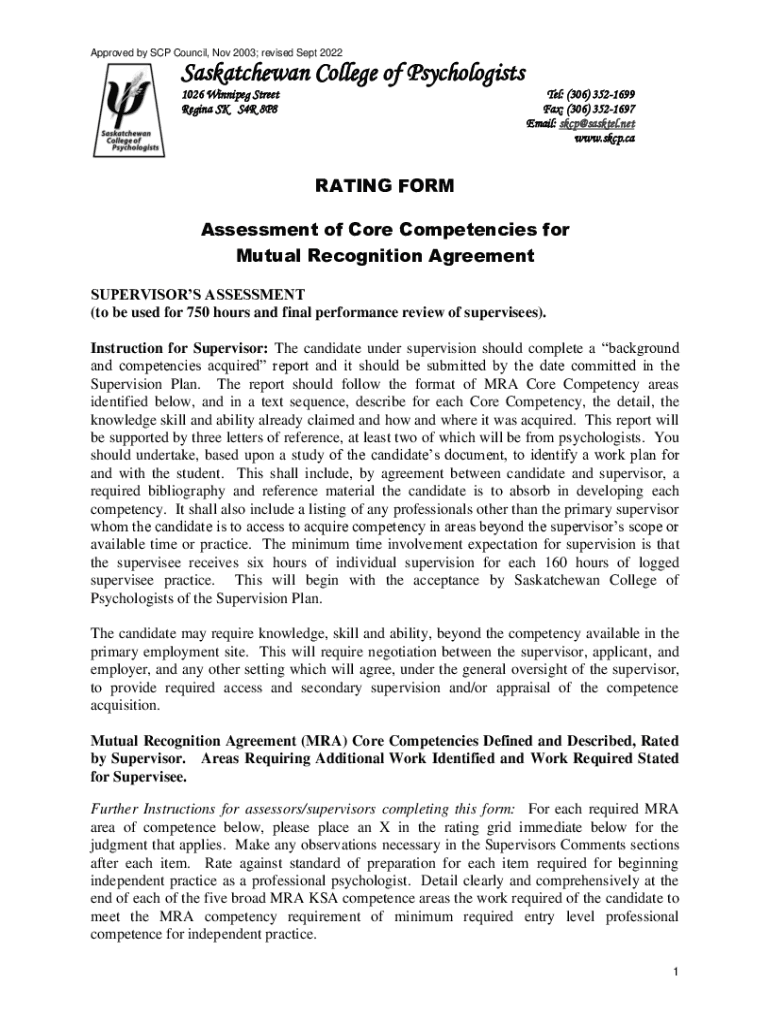 Fillable Online Rating Form MRA competenciesSupervisors Assessment Fax