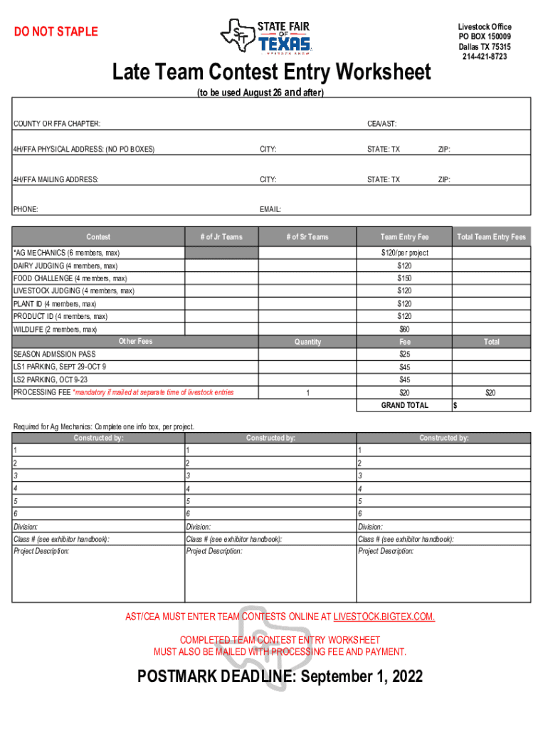 Fillable Online Late Team Contest Entry Worksheet Fax Email Print ...