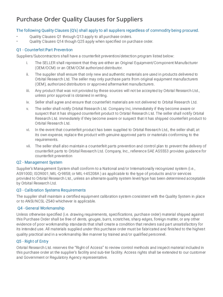 Fillable Online Purchase order quality clauses for aviation and