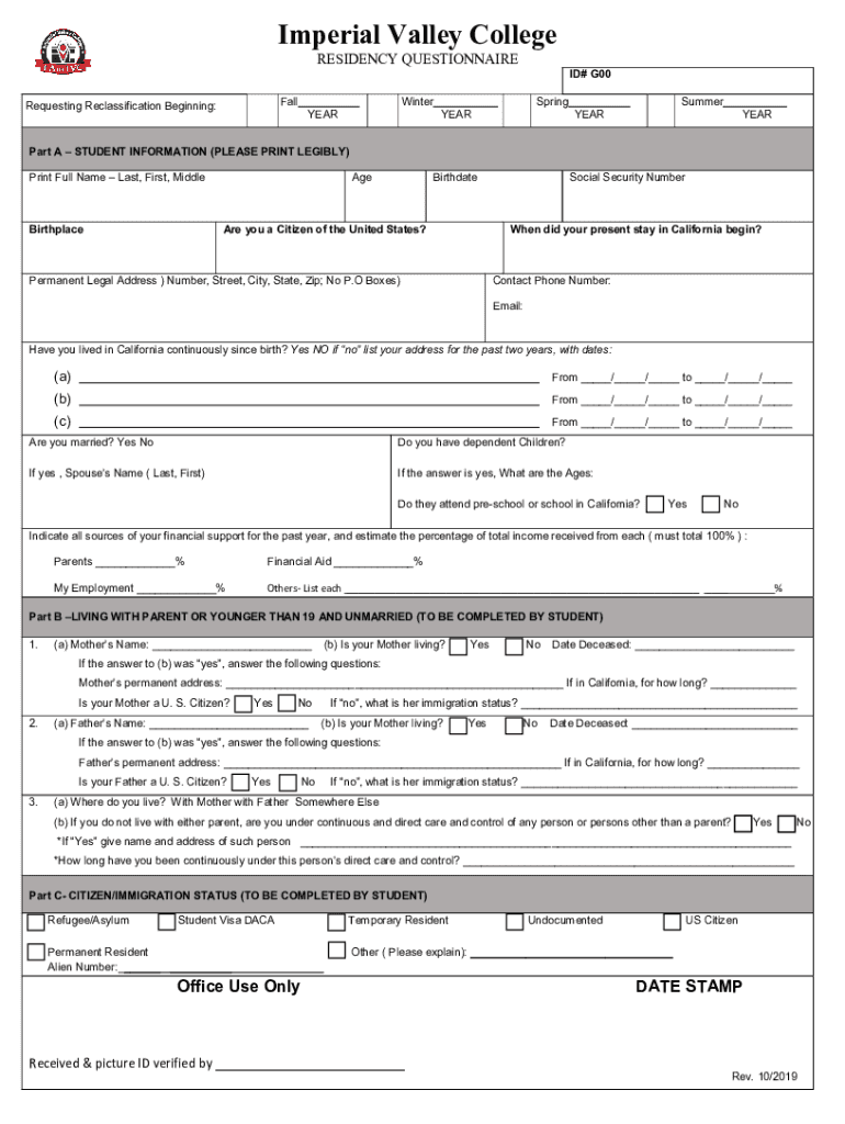 Fillable Online RESIDENCY QUESTIONNAIRE Imperial Valley College Fax