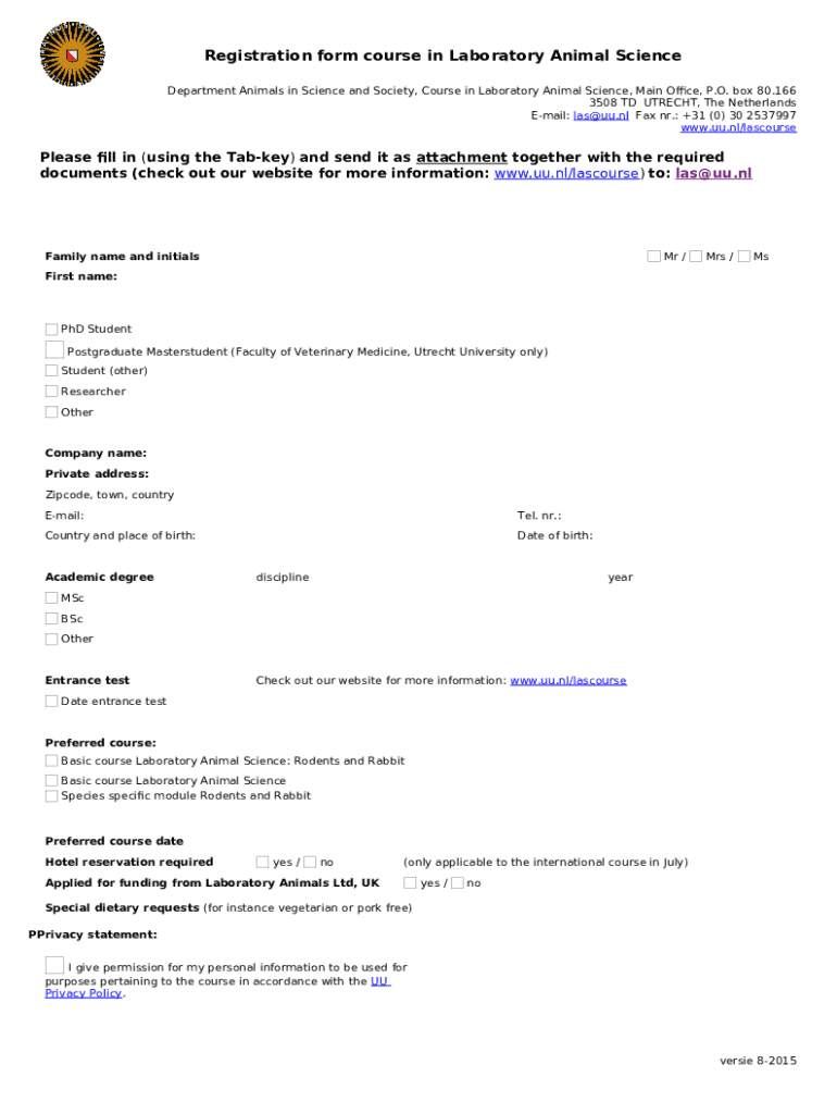 Registration course on Laboratory Animal Science Doc Template pdfFiller