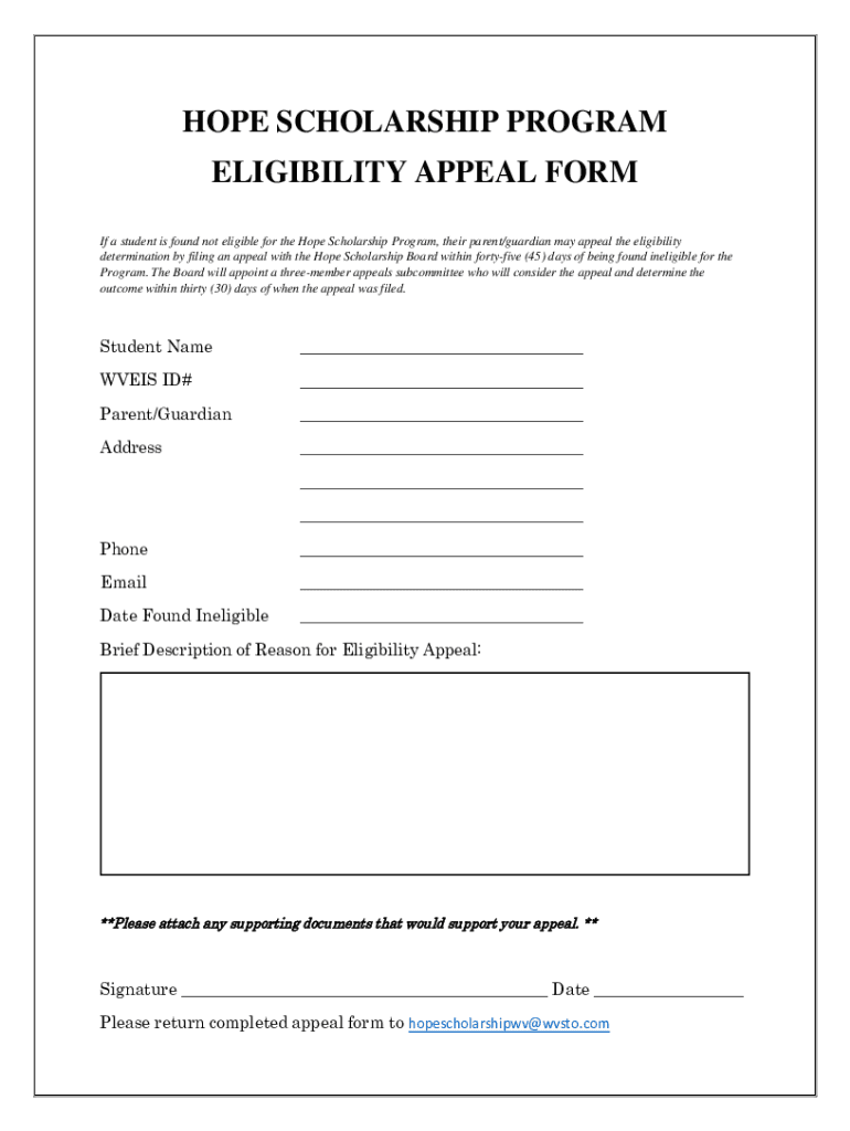 Fillable Online HOPE SCHOLARSHIP PROGRAM ELIGIBILITY APPEAL FORM Fax