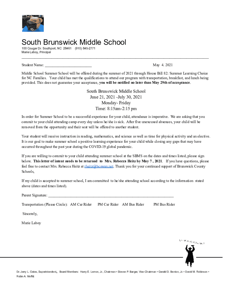 Fillable Online SBMS Parent/Student... - South Brunswick Middle School ...