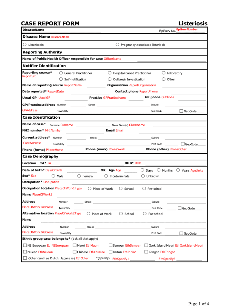 Fillable Online CASE REPORT FORM Listeriosis Fax Email Print - pdfFiller