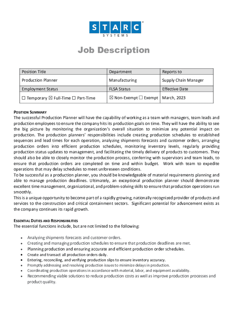 Fillable Online Production Planner Job Description 2023 TEMPLATE Fax