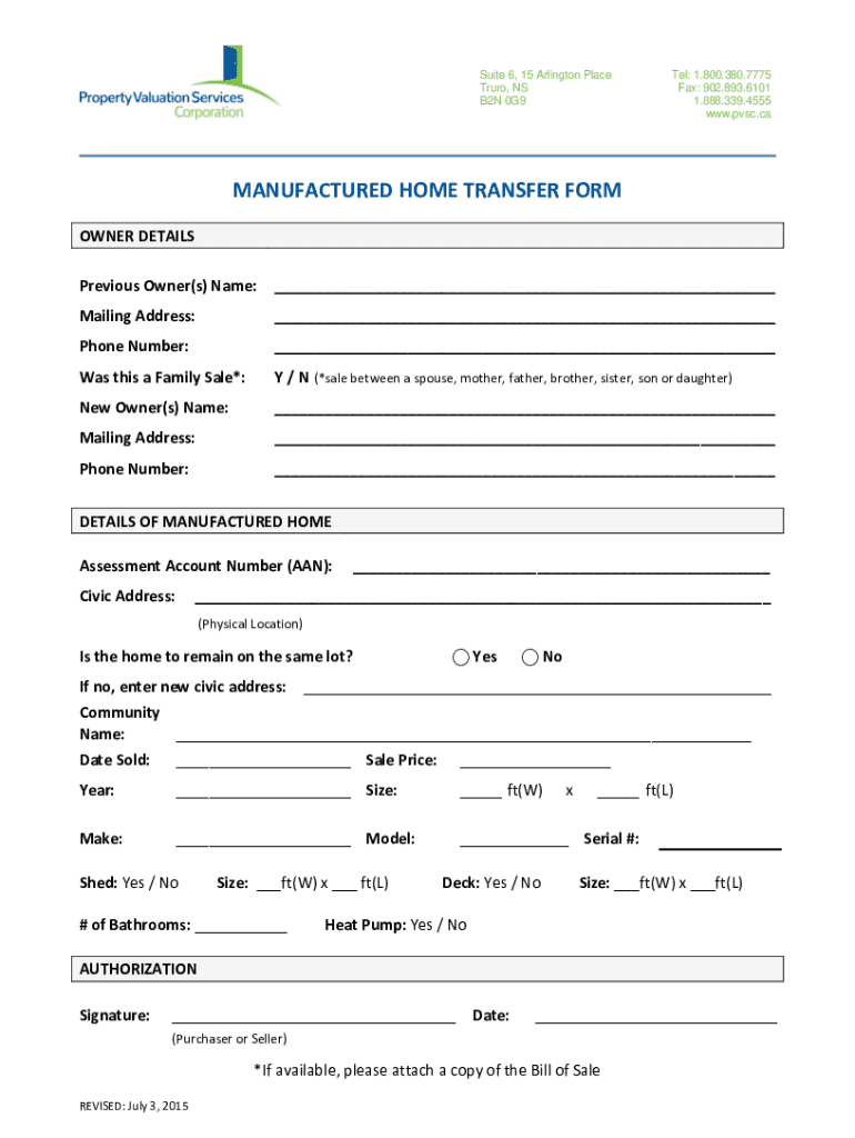 Fillable Online MANUFACTURED HOME TRANSFER FORM Fax Email Print - pdfFiller