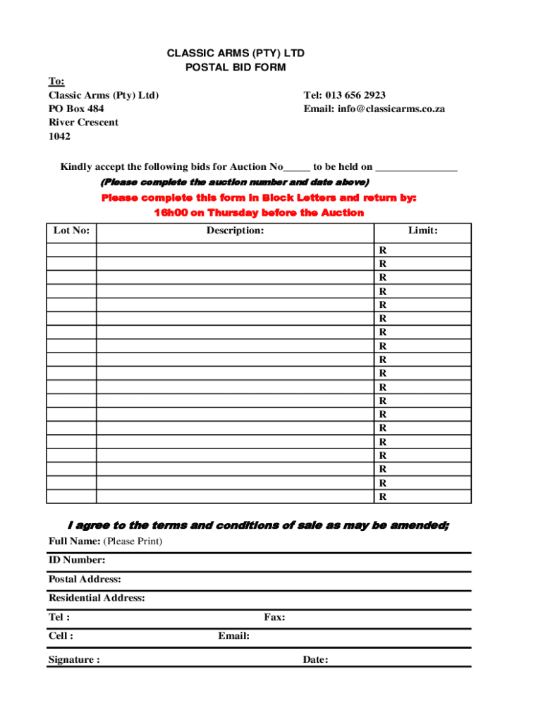 Fillable Online CLASSIC ARMS (PTY) LTD POSTAL BID FORM To Fax Email Print pdfFiller