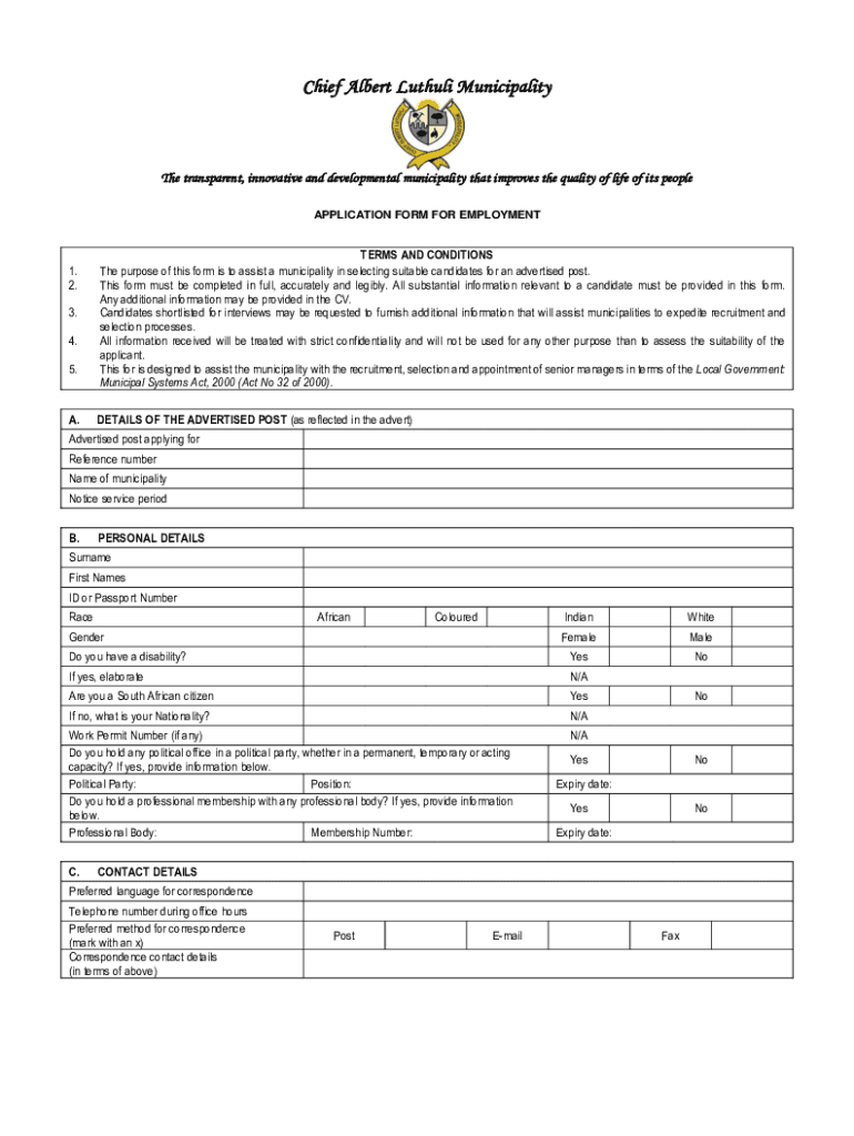 Fillable Online Chief Albert Luthuli Municipality Application Form Fax
