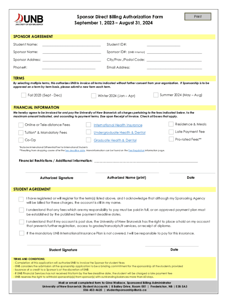 Sponsor Direct Billing Authorization Form September 1, 2023 Preview on Page 1