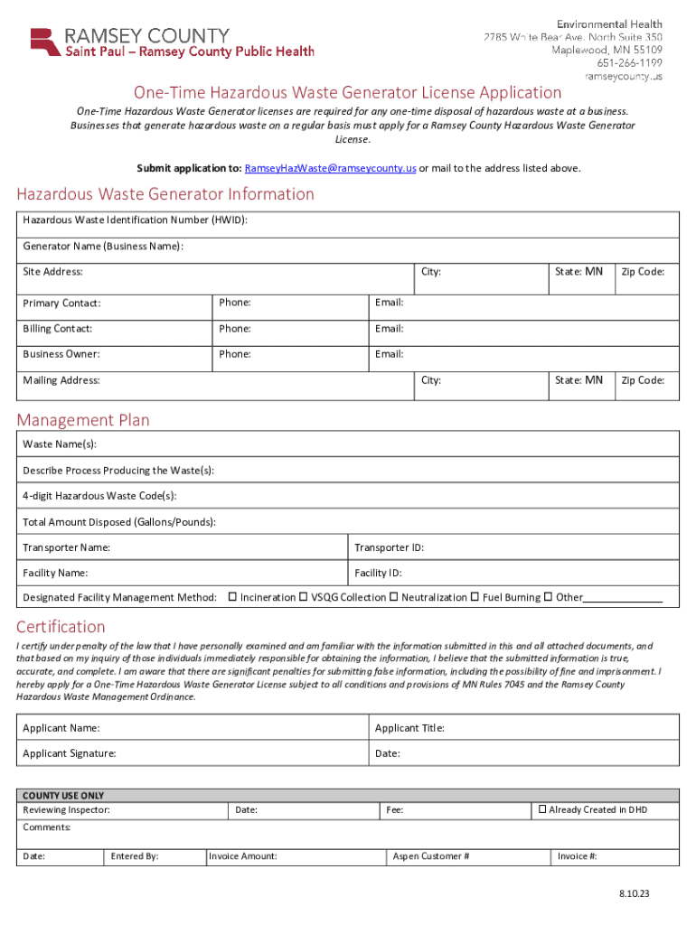 Fillable Online One Time Hazardous Waste Generator License Application
