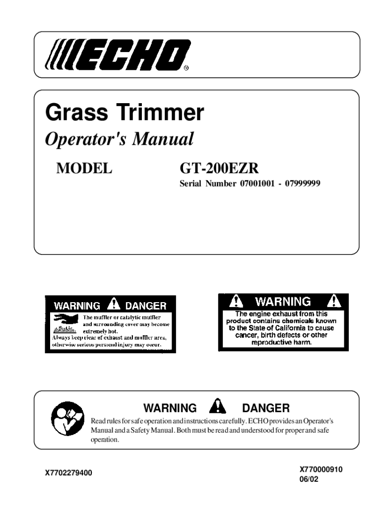 Fillable Online Grass Trimmer Operator's Manual MODEL GT200R Fax