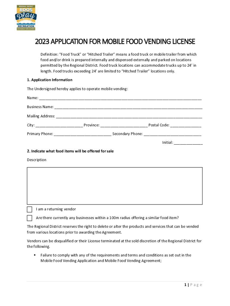 Fillable Online 2023 APPLICATION FOR MOBILE FOOD VENDING LICENSE Fax
