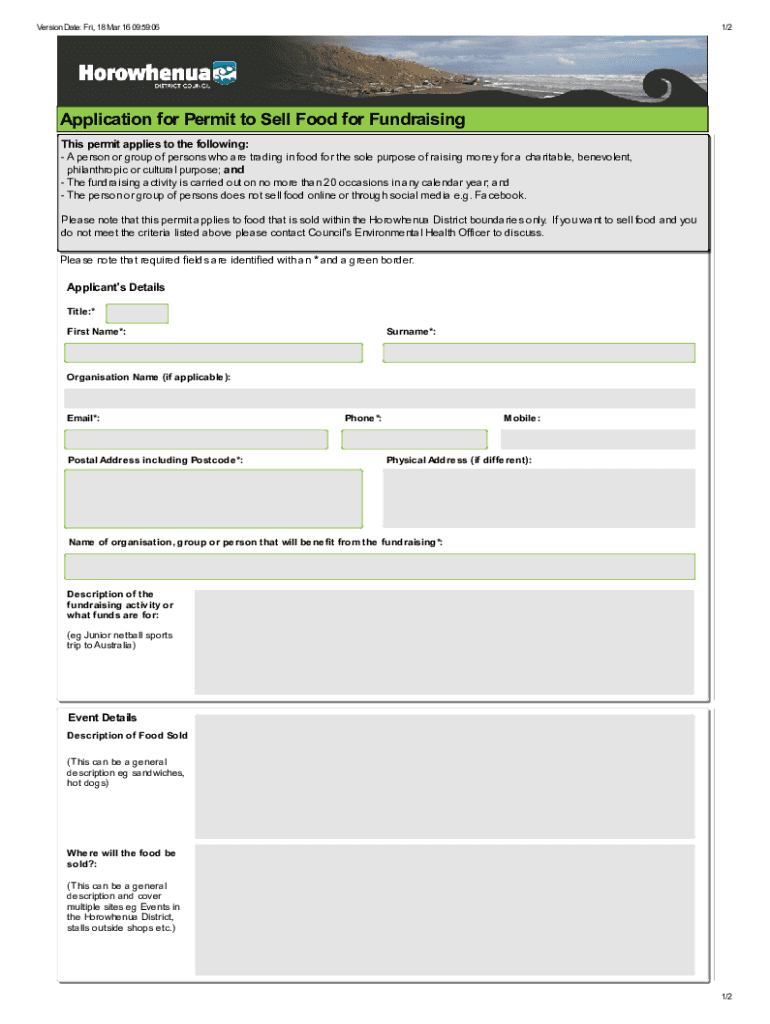 Fillable Online Application for Permit to Sell Food for Fundraising Fax