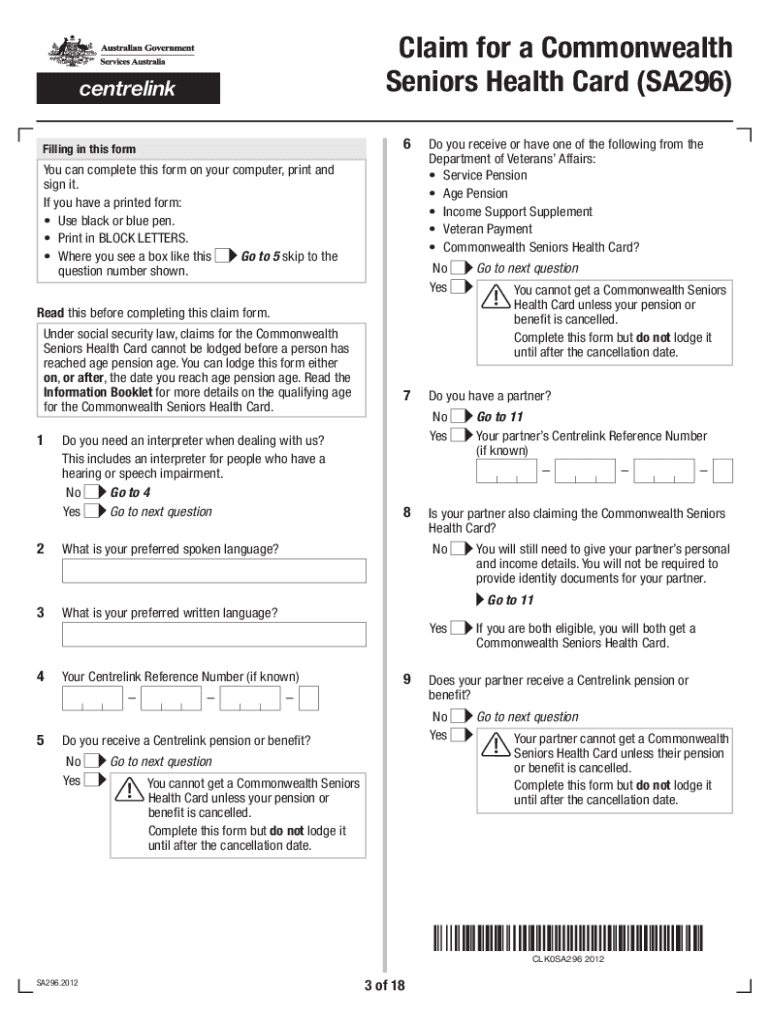 Fillable Online Claim for a Commonwealth Seniors Health Card form Fax Email Print pdfFiller