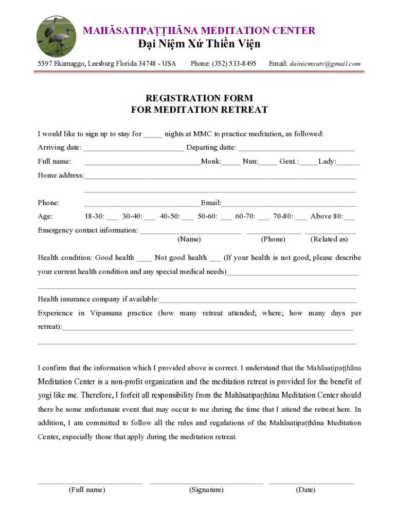 Fillable Online Fall 10-Day Meditation Retreat (9/11 - 9/20) Fax Email ...