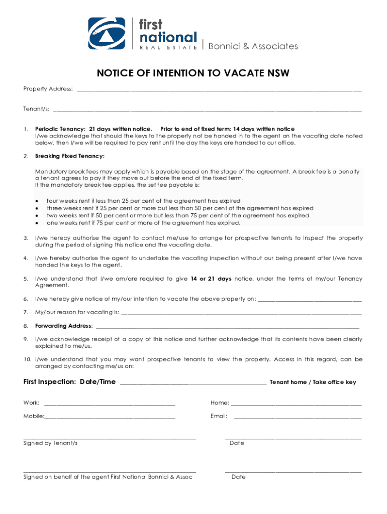notice of intention to vacate nsw